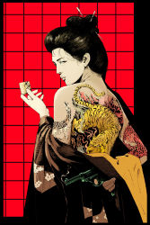 Rule 34 | 1girl, absurdres, arm behind back, back, back tattoo, bare back, bare shoulders, black hair, commentary, cowboy shot, cup, dragon tattoo, finger on trigger, floral print, from behind, gun, hair ornament, hair stick, handgun, highres, holding, holding cup, holding gun, holding weapon, irezumi, japanese clothes, kimono, kimono pull, kudamono790, looking at viewer, looking back, makeup, mascara, nihongami, off shoulder, original, parted lips, pistol, red background, smoke, smoking barrel, solo, standing, tattoo, tiger tattoo, topless, weapon, yakuza