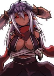 Rule 34 | 1girl, arm under breasts, armor, assassin cross (ragnarok online), black cape, black gloves, black leotard, black sclera, breasts, cape, closed mouth, colored sclera, commentary request, cowboy shot, elbow gloves, emon-yu, genderswap, genderswap (mtf), gloves, hair between eyes, horns, leotard, long hair, looking at viewer, medium breasts, pauldrons, pointy ears, ragnarok online, red eyes, red scarf, revealing clothes, scarf, shoulder armor, simple background, skull, skull on head, solo, tan, vambraces, waist cape, white background, white hair
