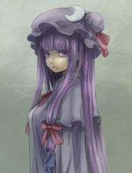Rule 34 | 1girl, crescent, female focus, hat, highres, long hair, looking at viewer, open mouth, patchouli knowledge, potionu, purple eyes, purple hair, simple background, solo, touhou