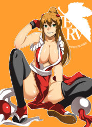 Rule 34 | 1girl, alternate breast size, bad id, bad pixiv id, bare shoulders, breast slip, breasts, cleavage, cosplay, fatal fury, green eyes, grin, hanging breasts, kosame daizu, large breasts, legs, neon genesis evangelion, nerv, nipple slip, nipples, one breast out, pelvic curtain, ponytail, rebuild of evangelion, revealing clothes, shiranui mai, shiranui mai (cosplay), sitting, smile, snk, solo, souryuu asuka langley, spread legs, the king of fighters, thighhighs
