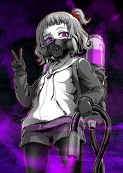 Rule 34 | 1girl, collarbone, commentary request, commission, drawstring, ebiblue, flat chest, from below, gas mask, gloves, hair ornament, highres, hood, hooded jacket, jacket, pantyhose under shorts, looking at viewer, mask, messy hair, monochrome, original, pantyhose, purple eyes, short hair, shorts, side ponytail, skeb commission, solo, spot color, standing, v, zipper