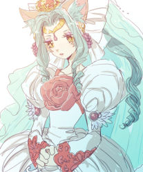 Rule 34 | 1girl, agarte lindblum, animal ears, blue hair, bow, cat ears, circlet, crown, curly hair, dress, expressionless, flower, hair bow, juliet sleeves, long hair, long sleeves, negi (loveyr), puffy sleeves, red rose, rose, slit pupils, solo, tales of (series), tales of rebirth, veil, white background, white bow, white dress, yellow eyes