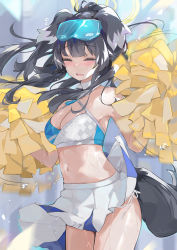 Rule 34 | 1girl, animal ears, armpits, bare shoulders, black hair, blue archive, blue eyes, blush, breasts, cheerleader, cleavage, closed eyes, cowboy shot, crop top, dema hmw, dog ears, dog girl, dog tail, eyewear on head, goggles, goggles on head, halo, hibiki (blue archive), hibiki (cheer squad) (blue archive), highres, holding, holding pom poms, long hair, looking at viewer, medium breasts, midriff, millennium cheerleader outfit (blue archive), miniskirt, navel, panties, pleated skirt, pom pom (cheerleading), pom poms, ponytail, side-tie panties, skirt, sleeveless, solo, sticker on face, tail, underwear, white skirt