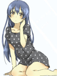 Rule 34 | 1girl, arm support, bad id, bad pixiv id, black dress, blue hair, dress, hair between eyes, joint06, long hair, looking at viewer, love live!, love live! school idol project, polka dot, sitting, solo, sonoda umi, yellow eyes