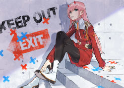 Rule 34 | 10s, 1girl, absurdres, black pantyhose, blue eyes, candy, darling in the franxx, food, hairband, highres, horns, lollipop, long hair, looking at viewer, pantyhose, pink hair, sitting, solo, teshima nari, uniform, white hairband, zero two (darling in the franxx)