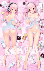 Rule 34 | 1girl, ass, babydoll, back, bare legs, bare shoulders, barefoot, blush, breasts, cait aron, cat, cd, cleavage, cookie, dakimakura (medium), feet, food, headphones, heart, heart print, high heels, large breasts, looking back, lying, multiple views, navel, nipples, nitroplus, open mouth, panties, panty pull, pink hair, red eyes, sandals, see-through, shoes, short hair, skinny, slender, smile, super sonico, too many, too many cats, underwear, underwear only, wet, wet clothes
