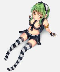 Rule 34 | 1girl, absurdres, alternate eye color, bare shoulders, black gloves, black necktie, black shorts, black vest, blush, breasts, cleavage, crop top, demcheg, detached collar, fingerless gloves, from above, gloves, goggles, goggles on head, green nails, grey hair, gumi, highres, knees up, looking at viewer, medium breasts, medium hair, midriff, nail polish, navel, necktie, short hair with long locks, short shorts, shorts, simple background, smile, solo, spread legs, striped clothes, striped thighhighs, thighhighs, vest, vocaloid, yellow eyes
