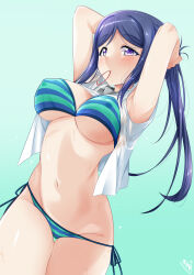 Rule 34 | 1girl, adjusting hair, arms up, bikini, blue bikini, blue hair, breasts, bunji, commentary request, hair tie in mouth, hand in own hair, highres, large breasts, long hair, looking at viewer, love live!, love live! sunshine!!, matsuura kanan, mouth hold, navel, purple eyes, solo, stomach, string bikini, swimsuit