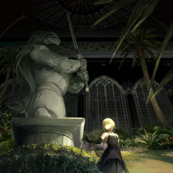 Rule 34 | 1girl, arch, arm at side, artoria pendragon (all), artoria pendragon (fate), bare shoulders, black dress, black gloves, blonde hair, bush, ceiling, choker, dress, elbow gloves, fate (series), gloves, grass, greenhouse, hair bun, hair ribbon, highres, indoors, looking away, looking to the side, night, outstretched arm, plant, ribbon, saber (fate), see-through, shawl, sidelocks, single hair bun, sleeveless, sleeveless dress, solo, statue, taro-k, tree, window