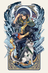 Rule 34 | 1boy, black hair, book, bracer, cape, crescent moon, dog, fangs, final fantasy, final fantasy xv, flower, highres, jewelry, looking at viewer, moon, necklace, nijuuni, noctis lucis caelum, ring, sash, sitting, smile, sword, tongue, umbra (ff15), weapon, wristband