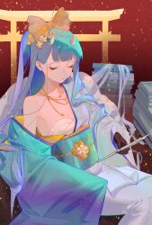 Rule 34 | 1girl, absurdres, aqua kimono, azur lane, black gloves, book, book stack, bow, breasts, champagne (azur lane), champagne (lapis lazuli&#039;s first dream) (azur lane), chest sarashi, cleavage, closed mouth, commentary request, gloves, gold necklace, hair bow, highres, holding, holding stylus, horns, japanese clothes, jewelry, kimono, long hair, necklace, obi, obiage, obijime, off shoulder, one side up, sarashi, sash, shino pupille, sleeping, sleeves past fingers, sleeves past wrists, small breasts, solo, stylus, torii, very long hair, very long sleeves, wide sleeves