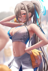 Rule 34 | 1girl, alternate hairstyle, armpits, asuna (blue archive), asymmetrical bangs, blue archive, blue eyes, blush, breasts, cheerleader, clothes writing, cosplay, crop top, detached collar, grin, hair over one eye, halo, hand on own hip, highres, large breasts, light brown hair, long bangs, long hair, looking at viewer, midriff, millennium cheerleader outfit (blue archive), navel, one eye covered, outdoors, pleated skirt, pom pom (cheerleading), ponytail, silver bullet (ecc12 8), skirt, smile, solo, stomach, sweat, very long hair, very sweaty, white skirt