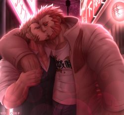 Rule 34 | 2boys, abs, alternate costume, arm hair, arm over shoulder, bara, beard, blush, body hair, brown hair, chest hair, coat, commission, commissioner upload, closed eyes, f con, facial hair, fate/grand order, fate/zero, fate (series), french kiss, hand on another&#039;s chest, hand on another&#039;s waist, highres, holding hands, iskandar (fate), kiss, large pectorals, light bulb, long sideburns, long sleeves, male focus, manly, multiple boys, muscular, napoleon bonaparte (fate), official alternate costume, open clothes, open vest, pants, pectorals, red hair, scarf, shirt, sideburns, t-shirt, vest, yaoi