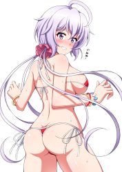 Rule 34 | 1girl, absurdres, ahoge, ass, bikini, blush, breasts, clenched teeth, embarrassed, from behind, highres, large breasts, light purple hair, long hair, looking back, low twintails, parted lips, purple eyes, red bikini, scrunchie, senki zesshou symphogear, shiny skin, side-tie bikini bottom, simple background, solo, standing, sukeberosu, sweat, swimsuit, teeth, twintails, underboob, white background, yukine chris