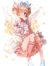 Rule 34 | 1girl, angel wings, animal, animal on lap, b rock, bad id, bad pixiv id, bag, bell, blue bow, blue eyes, blush, bow, bubble, cat, collared shirt, double bun, dress, eyepatch, feathered wings, flower, frilled bow, frilled dress, frilled sleeves, frilled socks, frills, grey bow, hair bell, hair bow, hair bun, hair ornament, head wings, kneehighs, looking at viewer, messenger bag, on lap, orange hair, original, petals, pigeon-toed, pinafore dress, pink shirt, pink socks, shirt, shoulder bag, sidelocks, sleeveless dress, sleeves past wrists, socks, solo, striped, striped bow, very long sleeves, white wings, wings