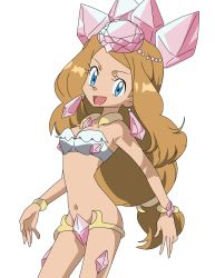 Rule 34 | 1girl, absurdres, between breasts, blonde hair, blue eyes, breasts, cleavage, cosplay, creatures (company), diamond (gemstone), diamond panties, diancie, diancie (cosplay), game freak, gen 6 pokemon, groin, hidden vibrator, highres, legendary pokemon, long hair, low-tied long hair, midriff, mythical pokemon, navel, nintendo, panties, pokemon, pokemon (anime), pokemon xy (anime), serena (pokemon), solo, transparent background, underwear
