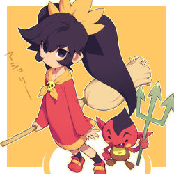 Rule 34 | 1boy, 1girl, ashley (warioware), black eyes, black hair, border, brooch, broom, colored skin, dress, holding, holding broom, jewelry, looking at viewer, metata, nintendo, outside border, pitchfork, pointy ears, pointy hair, red (warioware), red dress, red footwear, red skin, shoes, simple background, skull brooch, socks, standing, twintails, warioware, white border, witch, yellow background, yellow trim