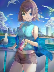 Rule 34 | 1girl, absurdres, akira tooru, animal, bird, blue eyes, blue jacket, blue skirt, blue sweater, bob cut, breasts, brown hair, brown shorts, cityscape, cloud, commentary request, cowboy shot, cup, day, disposable cup, drinking straw, hand on railing, highres, jacket, jewelry, looking at viewer, medium breasts, midriff, navel, necklace, off shoulder, original, outdoors, seagull, short hair, short shorts, shorts, skirt, sleeveless, sleeveless sweater, smile, solo, standing, sweater, swept bangs, turtleneck, turtleneck sweater, water, wind