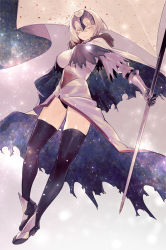 Rule 34 | 1girl, black thighhighs, blonde hair, breasts, cape, fate/grand order, fate (series), flag, full body, gyudong123, headpiece, highres, holding, holding flag, jeanne d&#039;arc (fate), jeanne d&#039;arc alter (avenger) (fate), jeanne d&#039;arc alter (avenger) (first ascension) (fate), jeanne d&#039;arc alter (fate), large breasts, looking at viewer, medium breasts, solo, standing, thighhighs, white flag, yellow eyes