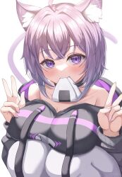 Rule 34 | 1girl, :3, :d, absurdres, animal ear fluff, animal ears, bare shoulders, breast rest, breasts, cat ears, cat girl, cat tail, choker, crossed bangs, double v, food, food in mouth, hashira 14, highres, hololive, hood, hoodie, large breasts, looking at viewer, medium hair, mouth hold, nekomata okayu, nekomata okayu (1st costume), off shoulder, onigiri, open mouth, pants, purple eyes, purple hair, short hair, simple background, sitting, smile, solo, squatting, sweatpants, tail, upper body, v, virtual youtuber, white background