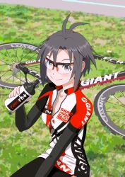 Rule 34 | 1girl, antenna hair, bad id, bad pixiv id, bicycle, blush, bottle, female focus, giant bicycles, glasses, grass, highres, idolmaster, idolmaster (classic), kikuchi makoto, looking at viewer, nature, ogyomo, outdoors, plant, product placement, purple eyes, short hair, sitting, smile, solo, water bottle