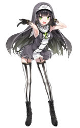 Rule 34 | 1girl, absurdres, armpits, black footwear, black gloves, black hair, boots, bracelet, breasts, commentary request, cross, cross-laced footwear, cross earrings, dress, earrings, fangs, full body, garter straps, gloves, green eyes, habit, hands up, highres, hirado motoe, jewelry, lace-up boots, long hair, looking at viewer, medium breasts, nekometaru, official art, onsen musume, open mouth, short dress, simple background, sleeveless, smile, solo, standing, striped clothes, striped thighhighs, thighhighs, turtleneck, vertical-striped clothes, vertical-striped thighhighs, white background, zettai ryouiki
