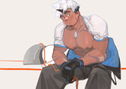Rule 34 | 1boy, absurdres, akiha gongen (housamo), bandaid, bandaid on face, bandaid on nose, bara, bare pectorals, black pants, blush, clothes lift, dark-skinned male, dark skin, dichuan (arriverw), dog tags, facial hair, feet out of frame, goatee, highres, horns, large pectorals, looking at viewer, male focus, mature male, multicolored hair, muscular, muscular male, nipples, pants, pectorals, scar, scar across eye, scar on face, shirt behind neck, shirt lift, short hair, single horn, solo, thick eyebrows, tokyo houkago summoners, two-tone hair, white hair