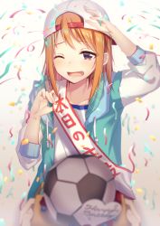 Rule 34 | 1girl, :d, absurdres, backwards hat, bad id, bad pixiv id, ball, baseball cap, blurry, blurry foreground, brown eyes, commentary request, confetti, depth of field, happy birthday, hat, highres, ichiren namiro, idolmaster, idolmaster cinderella girls, jacket, long sleeves, looking at viewer, one eye closed, open mouth, orange hair, shirt, smile, soccer ball, solo, white shirt, yuuki haru