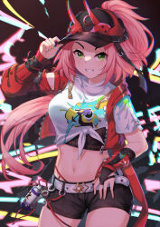 1girl baseball_cap belt black_hat black_shorts breasts cowboy_shot crop_top gloves green_eyes grin hat highres honkai:_star_rail honkai_(series) horned_hat jacket large_breasts long_hair looking_at_viewer midriff navel open_clothes open_jacket pink_hair rappa_(honkai:_star_rail) red_jacket shirt short_shorts shorts single_glove smile solo standing stomach tied_shirt very_long_hair white_belt white_shirt zhai_mu_q