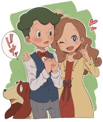 Rule 34 | 1boy, 1girl, ;d, basset hound, blue eyes, blue vest, blush, bow, bowtie, brown eyes, brown hair, coat, collared shirt, commentary request, cropped legs, dog, dress, green hair, grey pants, hand on another&#039;s shoulder, hands up, hat, heart, highres, katrielle layton, kiwami (kiwamimuneko), long hair, long sleeves, looking at another, looking at viewer, mini hat, mini top hat, noah montol, one eye closed, open mouth, pants, professor layton, red bow, red bowtie, red dress, sherl (professor layton), shirt, short hair, smile, speech bubble, standing, sweatdrop, top hat, translation request, vest, white shirt, yellow coat, yellow headwear