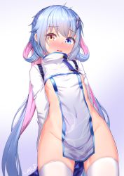 Rule 34 | 1girl, arms behind back, blue eyes, blue hair, blush, breasts, commentary request, covered navel, fish hair ornament, girls&#039; frontline, gmkj, gradient background, groin, hair between eyes, hair ornament, heterochromia, highres, long hair, looking at viewer, multicolored hair, no panties, nose blush, official alternate costume, parted lips, pink hair, purple background, signature, small breasts, solo, spp-1 (girls&#039; frontline), spp-1 (night of blue lotus) (girls&#039; frontline), thighhighs, two-tone hair, very long hair, white background, white thighhighs, yellow eyes