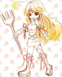Rule 34 | 1girl, ahoge, blonde hair, boots, chibi, fork, holding, holding fork, knee boots, long hair, milla maxwell, miniskirt, orange0512, ribbon, sketch, skirt, smile, solo, tales of (series), tales of xillia