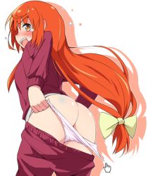 Rule 34 | 1girl, ass, assisted exposure, blush, bow, buratei marii, clothes pull, cursor, from behind, full-face blush, hair bow, jacket, joshiraku, long hair, looking back, mirakichi, mongolian spot, open mouth, orange hair, panties, pants, pants pull, panty pull, pulling another&#039;s clothes, shadow, simple background, solo, surprised, track jacket, track pants, underwear, very long hair, white background