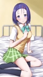 Rule 34 | 1girl, absurdres, aqua neckwear, arm support, bed, black socks, blue hair, blurry, blurry background, blush, collared shirt, green skirt, hair ornament, hairclip, highres, indoors, infirmary, kneehighs, looking at viewer, miniskirt, open mouth, plaid, plaid skirt, pleated skirt, purple eyes, sainan high school uniform, sairenji haruna, school uniform, shirt, short hair, short sleeves, sitting, skirt, socks, solo, sweater vest, to love-ru, vest, white shirt, wing collar, yanagi marie, yellow vest