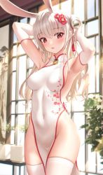 Rule 34 | 1girl, animal ears, armpits, arms up, bae.c, bare shoulders, blush, breasts, clothing cutout, covered navel, dress, elbow gloves, floral print, flower, gloves, hair between eyes, hair flower, hair ornament, hair rings, highres, lirin (bae.c), long hair, medium breasts, meme attire, multicolored hair, narrow waist, open mouth, pelvic curtain, plant, potted plant, rabbit ears, red eyes, side cutout, sideboob, sleeveless, solo, streaked hair, thighhighs, thighs, tsumi no hahen (debris), white dress, white gloves, white hair, white thighhighs