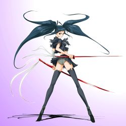 Rule 34 | 1girl, agahat, ass, bandages, black thighhighs, blue hair, brown eyes, clothes lift, dual wielding, from behind, gradient background, highres, holding, legs, long hair, long legs, looking back, midriff, original, panties, shadow, skirt, skirt lift, solo, sword, thighhighs, torn clothes, twintails, underwear, very long hair, weapon