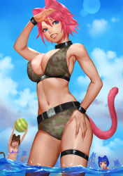Rule 34 | 6+girls, animal ears, ariverkao, ball, beachball, bikini, blue eyes, blue hair, blurry, blurry background, breast envy, breasts, brown eyes, brown hair, cat ears, cat tail, cloud, collar, day, large breasts, lens flare, looking at viewer, multiple girls, navel, open mouth, original, pink hair, red eyes, short hair, smile, standing, swimsuit, tail, thigh strap, water, wrist straps