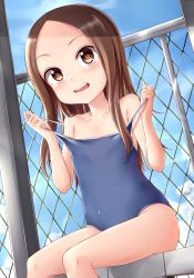 Rule 34 | 10s, 1girl, blue one-piece swimsuit, blue sky, brown eyes, brown hair, chain-link fence, child, clothes pull, cloud, competition school swimsuit, cowboy shot, day, fence, highres, karakai jouzu no takagi-san, long hair, looking at viewer, one-piece swimsuit, one-piece swimsuit pull, school swimsuit, sitting, sky, skywalker0610, solo, swimsuit, takagi-san