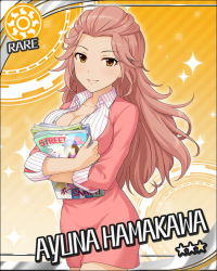 Rule 34 | 10s, 1girl, artist request, breasts, brown eyes, card (medium), character name, cleavage, dress, hamakawa ayuna, idolmaster, idolmaster cinderella girls, large breasts, long hair, magazine (object), official art, orange background, pink dress, pink hair, smile, solo, sparkle, sun symbol