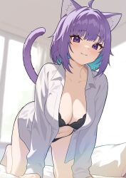 Rule 34 | 1girl, absurdres, ahoge, all fours, animal ear fluff, animal ears, barefoot, black bra, black panties, blue hair, bra, breasts, cat ears, cat girl, cat tail, closed mouth, collarbone, colored inner hair, commentary, highres, hololive, indoors, long hair, long sleeves, looking at viewer, medium breasts, multicolored hair, nekomata okayu, new sankin nyu, open clothes, open shirt, panties, pillow, purple eyes, shirt, short hair, smile, solo, symbol-only commentary, tail, two-tone hair, underwear, virtual youtuber, white shirt