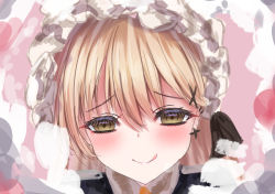 Rule 34 | 1girl, :p, blonde hair, blush, brown eyes, cream, cream on face, cross, cross earrings, earrings, food, food on face, frilled hairband, frills, girls&#039; frontline, hairband, highres, jewelry, looking at viewer, martinreaction, pov, ppk (girls&#039; frontline), puffy short sleeves, puffy sleeves, short sleeves, smile, solo, tongue, tongue out