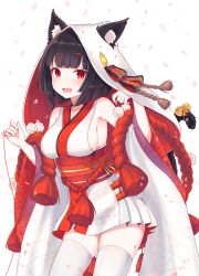 Rule 34 | 1girl, animal ear fluff, animal ears, azur lane, bell, black hair, blunt bangs, breasts, cat ears, cat tail, cherry blossoms, detached sleeves, fang, highres, hood, isao (wasamoti), japanese clothes, jingle bell, kimono, large breasts, open mouth, petals, red theme, short hair, sideboob, skindentation, sleeveless, solo, string, string around finger, tail, tail bell, tail ornament, thighhighs, uchikake, white thighhighs, yamashiro (azur lane), yamashiro (bridal attack!) (azur lane)