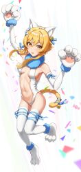 Rule 34 | 1girl, absurdres, animal ears, animal hands, bare shoulders, blonde hair, breasts, cat ears, cleavage, confetti, elbow gloves, fake animal ears, fake tail, full body, fur collar, genshin impact, gloves, highres, leotard, looking at viewer, lumine (genshin impact), matching hair/eyes, matmaj, medium breasts, navel, open mouth, paw gloves, paw shoes, short hair with long locks, smile, solo, tail, thighhighs, white gloves, white leotard, white thighhighs, yellow eyes