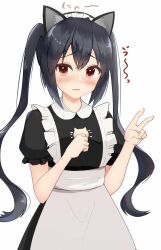 Rule 34 | 1girl, animal ears, animal print, apron, black dress, black hair, blush, brown eyes, cat ears, cat print, commentary request, dress, fake animal ears, hair between eyes, k-on!, long hair, maid apron, maid headdress, nakano azusa, parted lips, puffy short sleeves, puffy sleeves, short sleeves, sidelocks, simple background, solo, standing, twintails, upper body, v, white background, yusugi keima