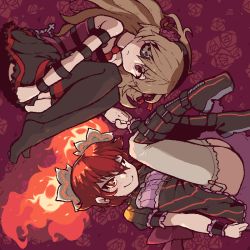 Rule 34 | 2girls, arm strap, baconpal, blonde hair, boots, eyepatch, fiery hair, flat chest, garter straps, hair ornament, hairband, holding hands, knee boots, looking at viewer, lying, megalomachia, megalomachia2, multiple girls, original, puffy sleeves, red eyes, red hair, smile, striped, thighhighs, vertical stripes, white legwear