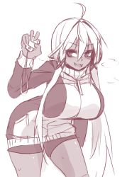 Rule 34 | 1girl, :d, ahoge, bike shorts, breasts, commentary, dark-skinned female, dark skin, english commentary, greyscale, hair between eyes, hair ornament, heavy breathing, highres, jacket, large breasts, leaning forward, long hair, long sleeves, looking at viewer, monochrome, open mouth, original, sketch, smile, solo, stopwatch, sub-res, sweat, torako (sub-res), track jacket, v-shaped eyebrows, watch, x hair ornament