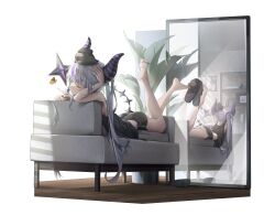 Rule 34 | 1girl, alternate costume, alternate hairstyle, animal, animal on head, ass, bare shoulders, barefoot, bird, bird on head, black horns, black nails, black shirt, black shorts, braid, braided bangs, bug, butterfly, cirkus, couch, crow (la+ darknesss), grey hair, highres, hololive, horns, insect, la+ darknesss, legs up, long hair, lying, mirror, multicolored hair, on couch, on head, on stomach, one eye closed, plant, pointy ears, potted plant, purple hair, reflection, shirt, shorts, slippers, solo, streaked hair, striped horns, toes, twintails, virtual youtuber, yellow eyes