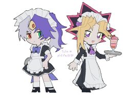 Rule 34 | 1boy, 1other, apron, ascot, back bow, black collar, black dress, black footwear, black hair, blonde hair, blue bow, blue bowtie, blue hair, blue lips, blush stickers, bow, bowtie, chibi, collar, colored sclera, crossdressing, dated, dress, duel monster, earrings, expressionless, food, full body, green eyes, grey hair, hair bow, hand on own hip, heterochromia, high heels, highres, hit rigt, holding, holding tray, ice cream, jewelry, juliet sleeves, kneehighs, long dress, long hair, long sleeves, looking at viewer, maid, maid apron, maid day, maid headdress, multicolored hair, muto yugi, open mouth, orange eyes, parted bangs, ponytail, puffy short sleeves, puffy sleeves, purple ascot, purple bow, purple eyes, purple hair, short hair, short sleeves, simple background, sleeve cuffs, smile, socks, spiked hair, split-color hair, stud earrings, sundae, third eye, translated, tray, walking, white background, white socks, yellow sclera, yu-gi-oh!, yu-gi-oh! duel monsters, yu-gi-oh! gx, yubel