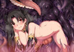Rule 34 | 1girl, all fours, armlet, ass, black gloves, black hair, black ribbon, blush, breasts, censored, clenched teeth, earrings, elbow gloves, erection, fate/grand order, fate (series), gloves, hair between eyes, hair ribbon, hanging breasts, hoop earrings, horosuke, imminent penetration, ishtar (fate), jewelry, lahmu (fate), large breasts, long hair, monster, mosaic censoring, neck ring, nipples, nude, parted bangs, parted lips, penis, red eyes, restrained, revision, ribbon, solo, teeth, tentacles, thighs, tongue, torn clothes, two side up, wet