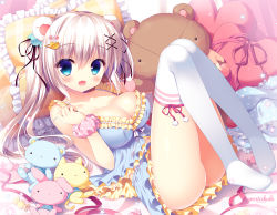 Rule 34 | 1girl, :d, animal ears, babydoll, bear ears, blue eyes, breasts, candy, cleavage, fang, female focus, food, frilled pillow, frills, hair ornament, hair ribbon, hairclip, large breasts, looking at viewer, lying, on back, open mouth, original, pajamas, pillow, ribbon, saji-wata, sasai saji, scrunchie, silver hair, smile, solo, stuffed animal, stuffed toy, teddy bear, thighhighs, twintails, white thighhighs, wrist scrunchie